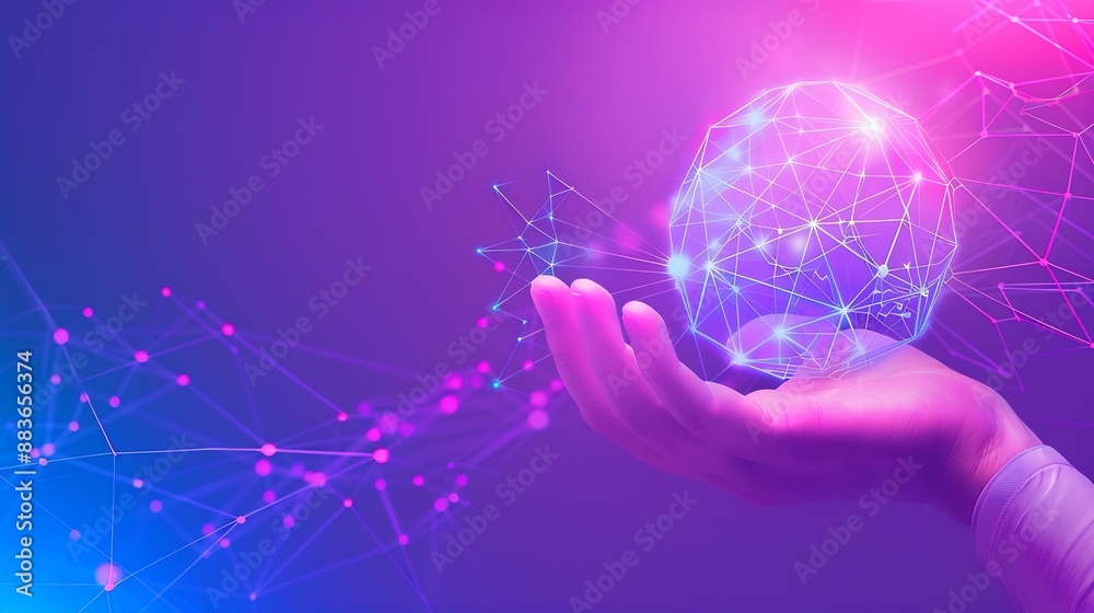 Leinwandbilder Man hand holding global network connection Internet communication Wireless connection technology Futuristic technology with polygonal shapes Grading purple and blue tone : Generative AI