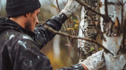 Fototapeta premium a male farmer covers a tree trunk with protective white paint against pests Selective focus : Generative AI