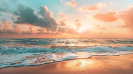 Fototapeta premium Sea sand sky closeup sunset colors clouds horizon sea water surface background banner Inspire nature landscape coast Beautiful wonderful tropical island paradise Beach sunrise summer v : Generative AI