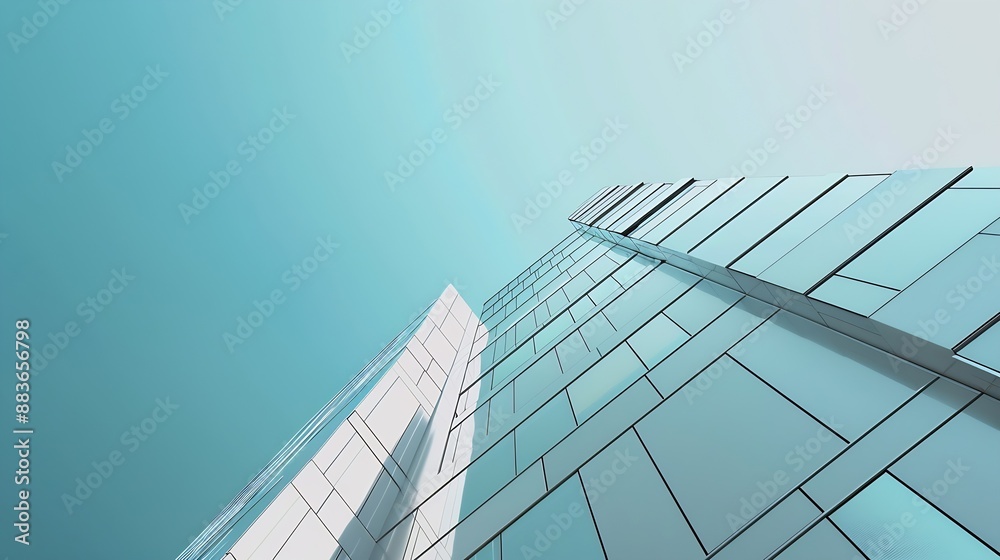 Aufkleber modern geometric building against blue sky in low angle and perspective side view abstract architect