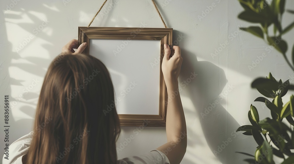 Poster closeup of woman hanging square wooden frame with empty mockup copy space on wall minimal art concep