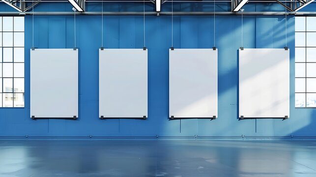 Four blank white vertical posters hang on blue wall in an exhibition hall Empty interior front view background photo : Generative AI
