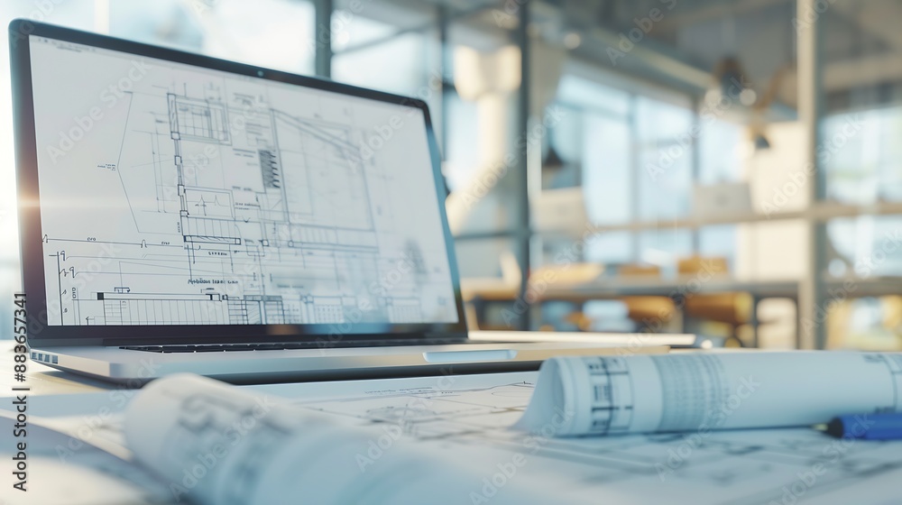 Aufkleber Digital blueprint by architecture design software on laptop screen with documents and blueprint layout on office table seamless integration of technology and traditional drafting metho : Generative AI