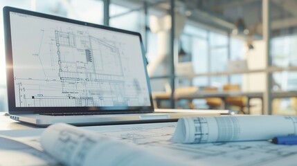Digital blueprint by architecture design software on laptop screen with documents and blueprint layout on office table seamless integration of technology and traditional drafting metho : Generative AI