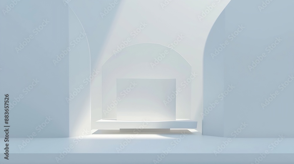 Poster Soft light white abstract stage in elegant futuristic geometric style with simple lines and corners polygons as background with white wood shelf for advertisement presentation products : Generative AI