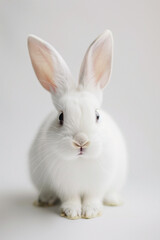 A close-up of a white rabbit with soft fur and long ears, symbolizing innocence and purity.