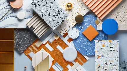 creative composition of interior material samples contains panels and tiles stylish interior moodboard including terrazzo quartz stone tiles blue laminated wooden flooring tiles gold s : Generative AI