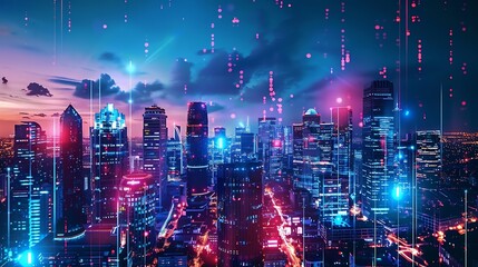 Fototapeta premium Panoramic urban architecture cityscape with space and neon light effects Modern hitech science futuristic technology concept Abstract digital hightech city design for banner background : Generative AI