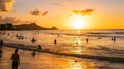 Fototapeta premium View from Waikiki beach at beautiful sunset with silhouettes of swimmers and surfers Honolulu Oahu Hawaii USA : Generative AI