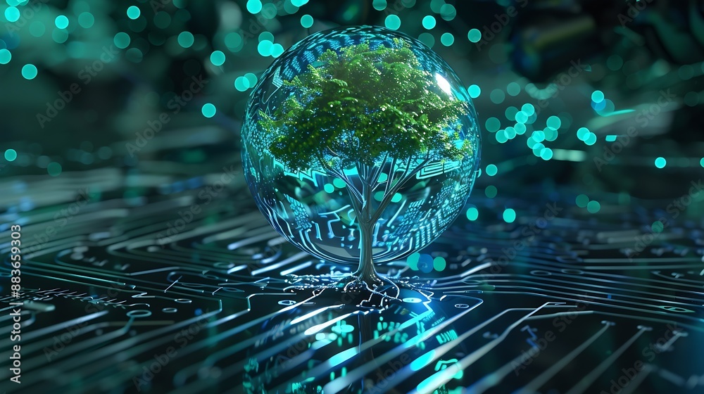 Fototapete Tree growing on Circuit digital ball Digital and Technology Convergence Blue light and Wireframe network background Green Computing Green Technology Green IT csr and IT ethics Concept : Generative AI