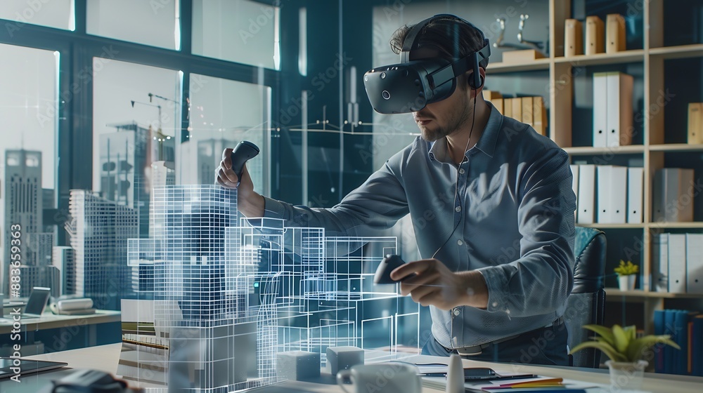 Aufkleber Male architect uses VR headset and wireless controllers creates architectural project of metropolis in virtual reality Man works in hitech company 3D hologram Future innovative AI tech : Generative AI