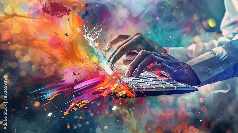 Aufkleber Contemporary art collage Creative design Male hand fast typing on keyboard developing code securing information Concept of IT business data science coding occupation modern technologie : Generative AI