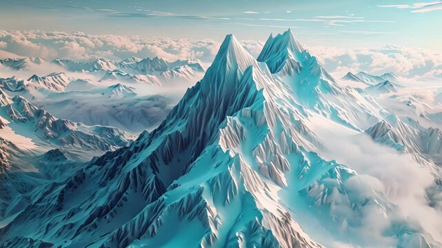 Angular mountain peaks rise from a sea of cool blue tundra.