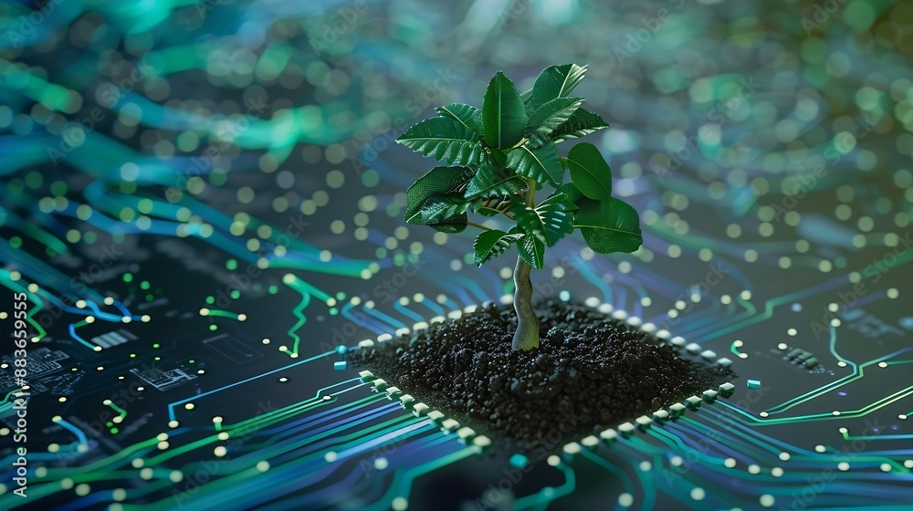 Poster Tree with soil growing on  the converging point of computer circuit board Blue light and wireframe network background Green Computing Green Technology Green IT csr and IT ethics Concep : Generative AI