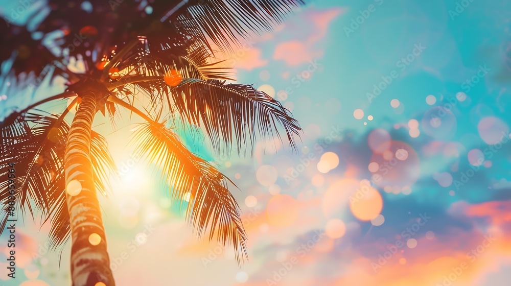 Poster tropical palm tree with colorful bokeh sun light on sunset sky cloud abstract background summer vaca