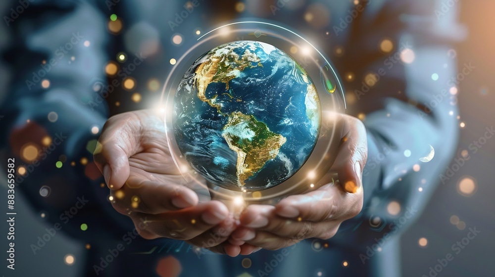 Poster digital marketing social media advertisement businessman holding global internet network with sale g