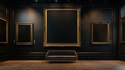 Antique art fair gallery frame on royal black wall at auction house or museum exhibition blank template with empty white copyspace for mockup design artwork concept : Generative AI