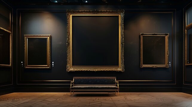 Antique art fair gallery frame on royal black wall at auction house or museum exhibition blank template with empty white copyspace for mockup design artwork concept : Generative AI