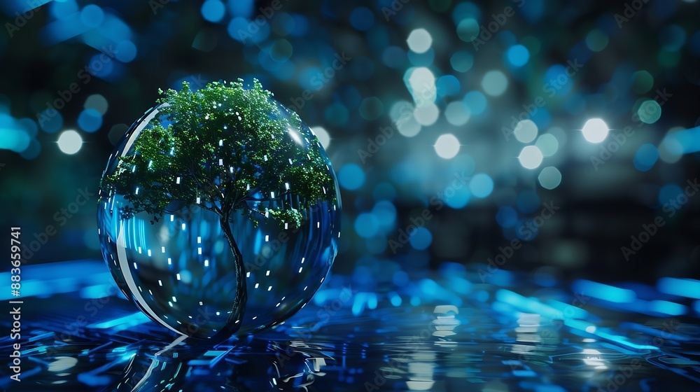 Aufkleber Tree growing on crystal globe Digital Convergence and Technology Convergence Blue light binary and network background Green Computing Green Technology Green IT csr and IT ethics Concep : Generative AI