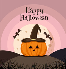 Happy Halloween. Pumpkin in a witch's hat and a full moon night. Greeting card, poster, banner. Vector illustration.