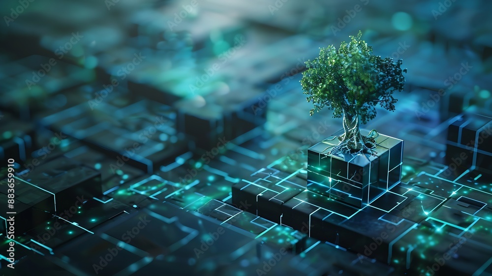 Fototapete Tree growing on Circuit digital cube Digital and Technology Convergence Blue light and Wireframe network background Green Computing Green Technology Green IT csr and IT ethics Concept : Generative AI
