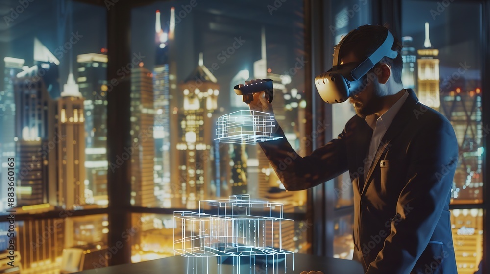 Poster male engineer uses vr headset and wireless controllers creates architectural project of the city in 