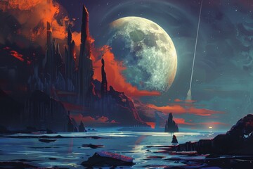 Obraz premium Dark Cityscape With Towering Buildings Under A Large Moon