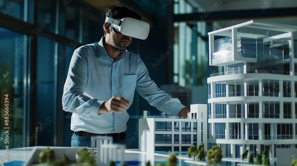Leinwandbilder Architect man and virtual reality architecture model construction and building with future technology and UX VR goggles design and engineering metaverse and simulation of property deve : Generative AI