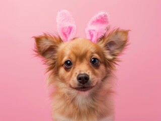 Adorable Chihuahua Dog in Pink Bunny Ears on Stylish Pink Background, Cute Pet Fashion Portrait