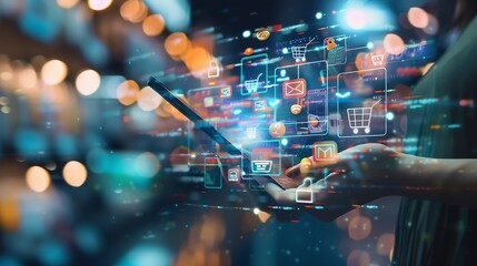 Human hold digital online marketing commerce sale website advertising promotion of products digital marketing strategy and goals digital search engine SEO social media ads Ecommerce : Generative AI