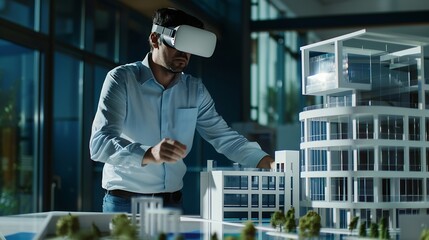 Architect man and virtual reality architecture model construction and building with future technology and UX VR goggles design and engineering metaverse and simulation of property deve : Generative AI