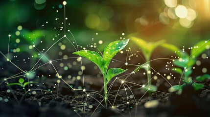 A futuristic digital landscape of growing plants with icons and graphs representing the use of artificial intelligence in agriculture