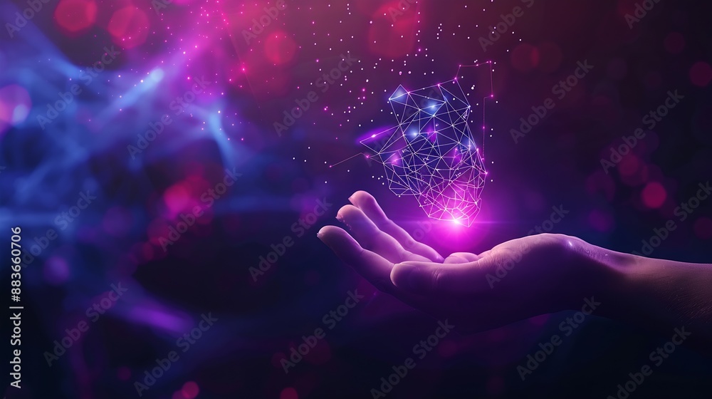 Fototapete Man hand holding global network connection Internet communication Wireless connection technology Futuristic technology with polygonal shapes Grading purple and blue tone : Generative AI