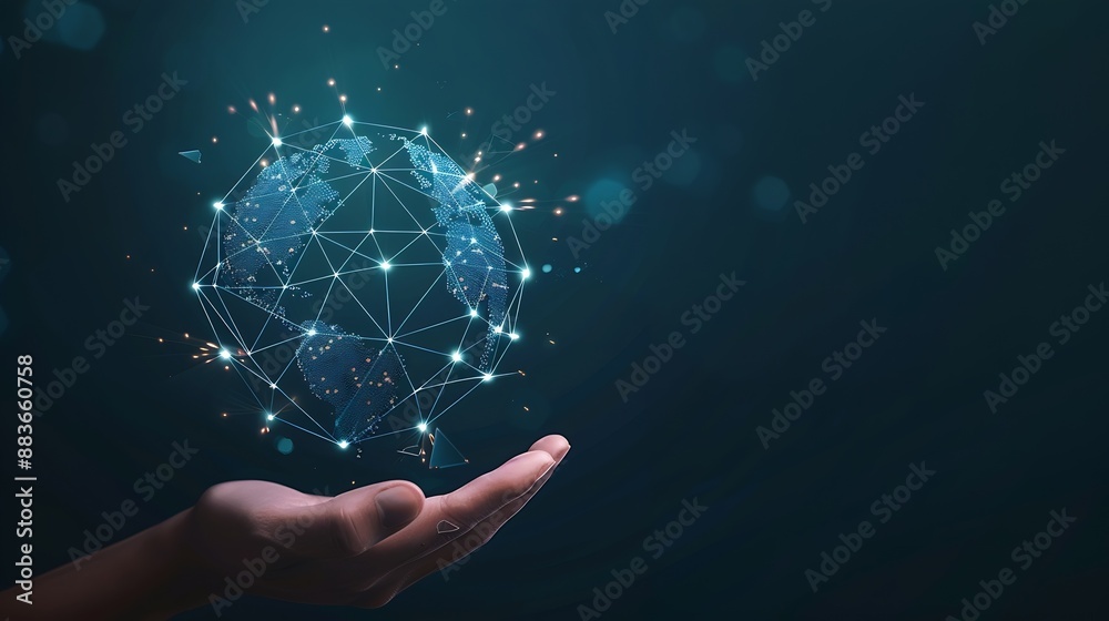 Poster digital technology security concept Wireless connection of the global Internet communication network Abstract globe resting on human hand with interconnected polygons on dark blue back : Generative AI