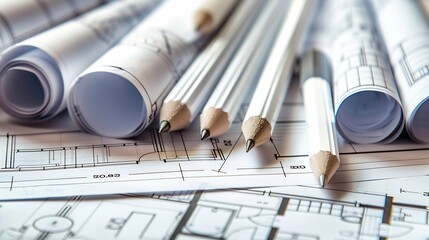 Architectural engineering design plan drawing on the table Architects work on table in studio Construction design and plan : Generative AI