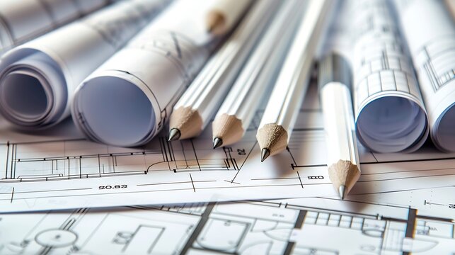 Architectural engineering design plan drawing on the table Architects work on table in studio Construction design and plan : Generative AI