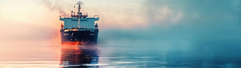 Fototapeta premium Cargo ship navigating close up, focus on, copy space Open ocean, Double exposure silhouette with maritime industry