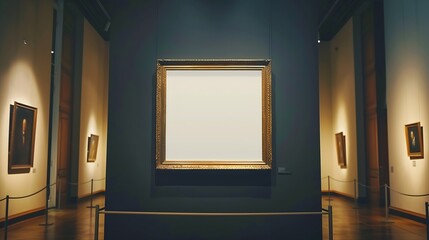 Mockup black blank space in vertical gold wooden square frame hanging isolated on dark background behind display stanchions Empty single vintage golden rectangular frame in museum : Generative AI