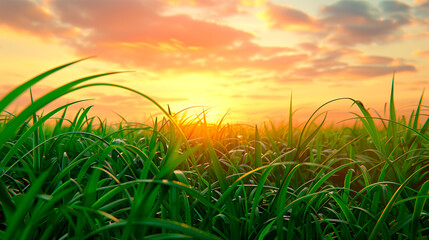 Close-up of the sunset seen from the perspective of the grass in a picturesque and serene view. Grass in the foreground in a natural frame under golden sunlight.