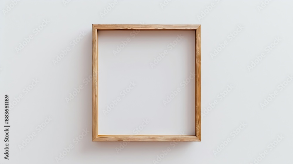 Poster Mockup wooden square picture frame with mount vertical style isolated Blank white on thin wood frame hanging on white wall background with copy space : Generative AI