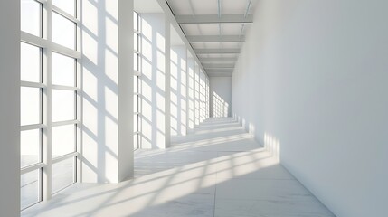 Interior of empty spacious loft hallway with geometrical shadows and sunlight on white walls : Generative AI