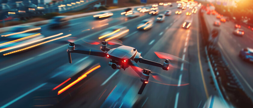 A dynamic action shot of drones in flight, capturing their speed and motion over an urban highway with blurred vehicles on the road below