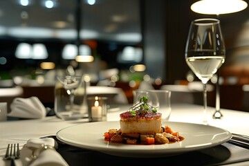 a white plate topped with food next to a glass of wine