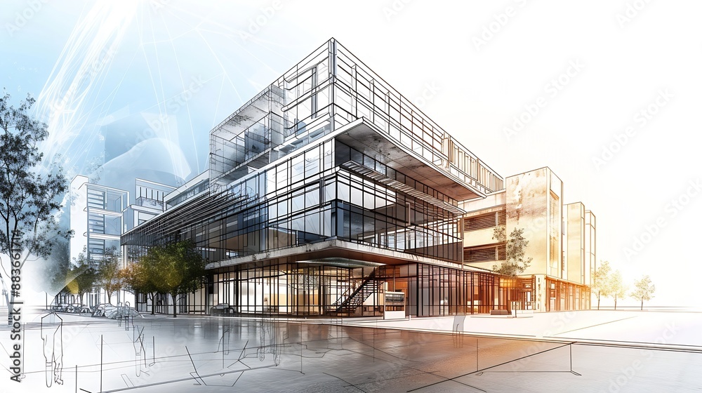Poster Architecture drawing on architectural Creative project business architecture building construction Industrial engineering Achievement Planning Design on blueprint eco Concept : Generative AI