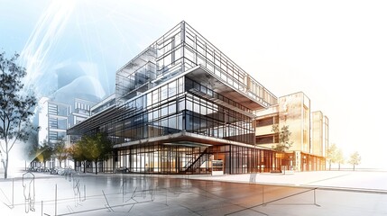 Architecture drawing on architectural Creative project business architecture building construction Industrial engineering Achievement Planning Design on blueprint eco Concept : Generative AI