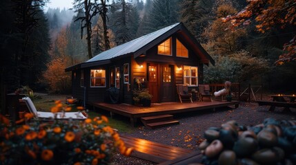 Rustic tiny home surrounded by wilderness, sustainable living and minimalist lifestyle in harmony with nature