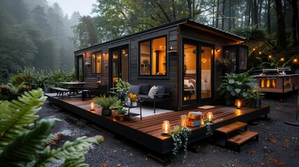 Obraz premium Rustic tiny home surrounded by wilderness, sustainable living and minimalist lifestyle in harmony with nature