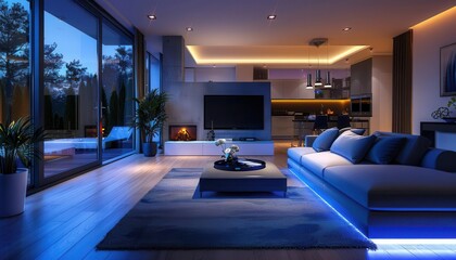 Smart home technology integration in a modern living space, showcasing automated systems for lighting, security, and entertainment