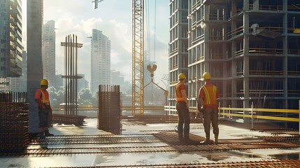 Real Estate Project Construction Site with Architectural Engineer Investor and Worker Finish Industrial Building Development by Using 3D VFX Graphics Futuristic Concept of Buildings De : Generative AI