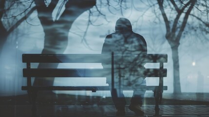 Homeless person on bench close up, focus on, copy space Gritty environment, Double exposure silhouette with destitution